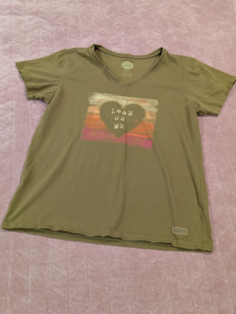Women's Life Is Good Olive Green 'Lean On Me' Graphic V-Neck Tee